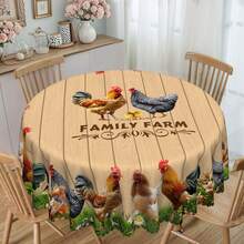 1pc Farmhouse Rooster & Floral Polyester Tablecloth - Round/Rectangle, Embossed Floral Trim, Vibrant Spring/Summer Design, Suitable For Picnics, Dinner Parties, Kitchen & Dining Room Decor, Country Farmhouse Decor, Multiple Sizes Available