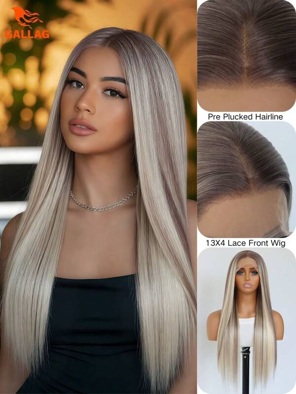 24 Inches Ombre Highlights Ash Blonde 13x4 Lace Front Wig, Women's Glueless Long Straight Synthetic Lace Front Wig, Pre-Plucking 150 Density