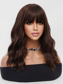 Perruque synthétique courte bouclée châtain foncé avec frange, coupe au carré, duveteuse, naturelle, mate, respirante, confortable, pour femme, idéale pour un usage quotidien, une fête, un costume élégant, un cosplay, résistante à la chaleur, 40 cm - Marron foncé - Voir 6