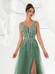 VIPGIRL 优雅绿色V领亮片薄纱正式晚礼服，高开衩A字型舞会礼服，女士长款无袖网纱连衣裙 - 墨綠色 - 查看 4