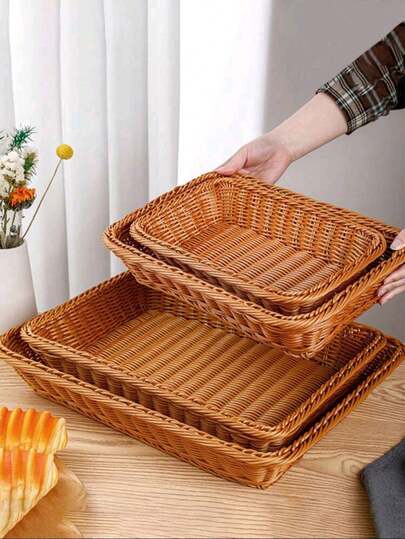 1件仿藤编织面包篮、水果篮、甜点展示盘、可堆叠托盘、多功能收纳篮、手工收纳篮、编织篮、厨房沥水篮