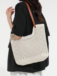 Women Minimalist Hollow Crochet Handbag, Summer Beach Shoulder Tote Bag For Women Vacation Outfit, Beach Essential
