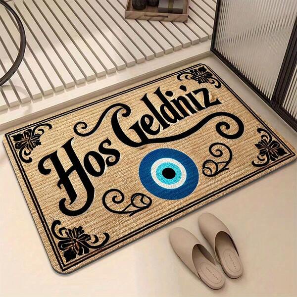 1 pezzo Zerbino con protezione dall'occhio malvagio - Tappetino da bagno in terra diatomacea ad asciugatura rapida con retro in gomma, tappetino rettangolare lavabile da bagno con calligrafia islamica e design dell'occhio blu per l'ingresso di casa, tappetino da bagno antiscivolo superiore in diatomite | Retro in gomma antiscivolo | Perfetto per bagno, cucina e doccia, disponibile in più misure [Tappetino da bagno] [Tappetino da bagno] [Tappetini da bagno] Decorazione per bagno e cucina Decorazione natalizia