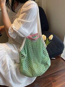 Spacious Rhombic Mesh Woven Shoulder Tote Bag, Women's Summer Versatile Hollow-Out Woven Beach Bag