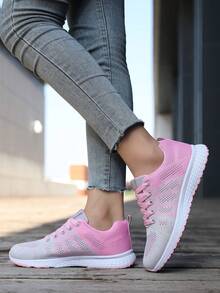 Women's Outdoor Sneakers, Light Running Shoes, Fabric, Lightweight Lace Mesh Shoes, Decorative Front Tie-Up Road Running Shoes, Mum Shoes - Pink - View 4