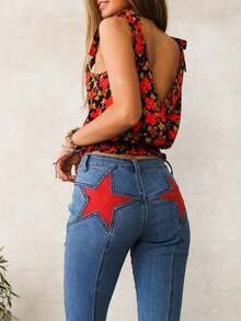Women Back Stars High Waisted Flared Jeans Summer Y2k Star Pattern Raw Hem Slim Fit Bell Bottomed Denim Pants Vintage Jean Streetwear 4th Of July Outfits Independence Day Clothes - 藍色 - 查看 7