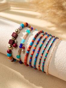 8pcs Bohemian Style Multi-Layer Beaded Bracelet Set, Colorful Beaded Stacking Bracelets For Daily Or Vacation Wear, Spring/Summer
