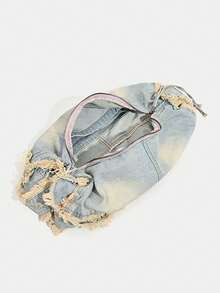 Y2K Distressed Denim Print Underarm Bag, Large-Capacity Tassel-Decorated Baguette Bag, Retro Casual Shoulder Bag, Street-Style Women's Niche Design Handbag, Suitable For Daily Campus Life, Weekend Shopping, Dating Parties - Multicolor - View 11