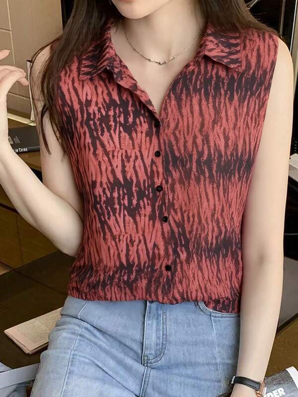 Summer New Fashion Collared Elegant Digital Print Sleeveless Shirt