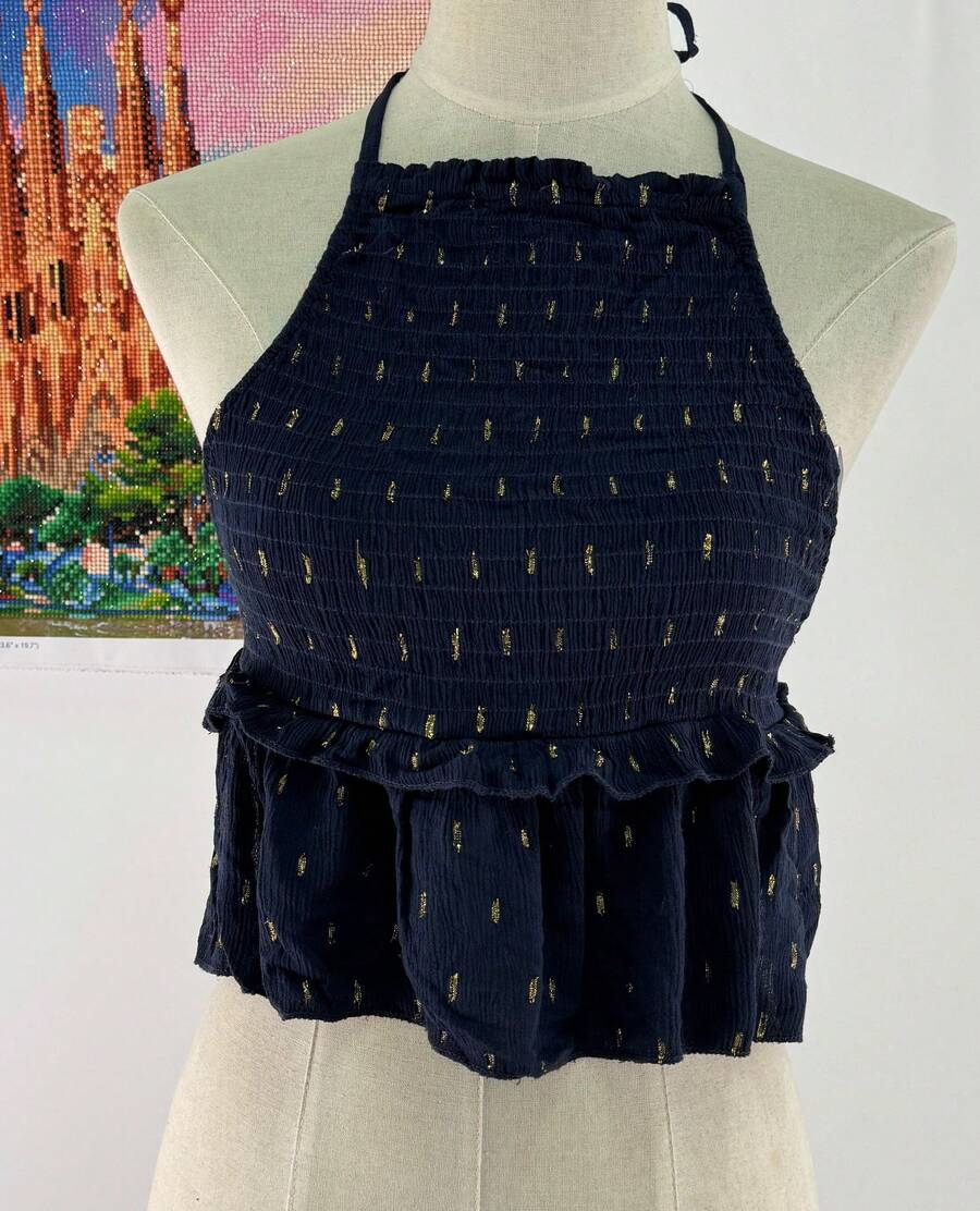Women's Glitter Party Top With Ruffle Hem For Daily Summer - Navy Blue - View 1
