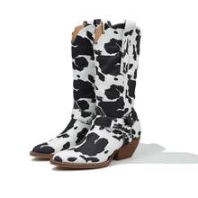 ARiderGirl Evon Women's Western Cowboy Mid Calf Booties Pointed Toe Pull On Metal Buckle Mid Heel Cow Print Boots - Cow White Black - 查看 7