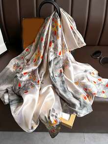 1pc Women Floral Print Silk-Like Long Scarf, Fashion Accessory For Dress - Beige - View 3
