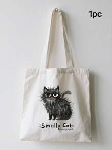 1pc Fashion "Smelly Cat" Printed Canvas Women's Handbag Shoulder Bag Tote Bag - Large Single Shoulder Handbag With Fixed Strap, Perfect For Shopping, Beach, Work, Travel, Fitness, Grocery And Outdoor Activities, Beach Tote Bag | Playful Printed Tote Bag | Sturdy Handle Handbag, Back To School Gift, Graduation Gift, Birthday Gift, Thanksgiving Gift, Teacher Gift, Christmas Gift, New Year Gift, First Choice Gift, Washable And Reusable