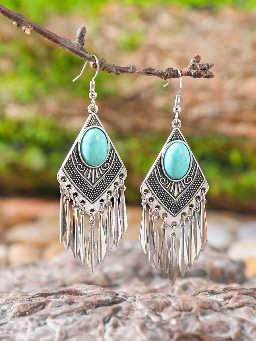 TopHanqi 1 Pair Bohemian Geometric Turquoise Imitation Tassel Drop Earrings, Versatile For Women Everyday/Party/Work, Gift, All Season