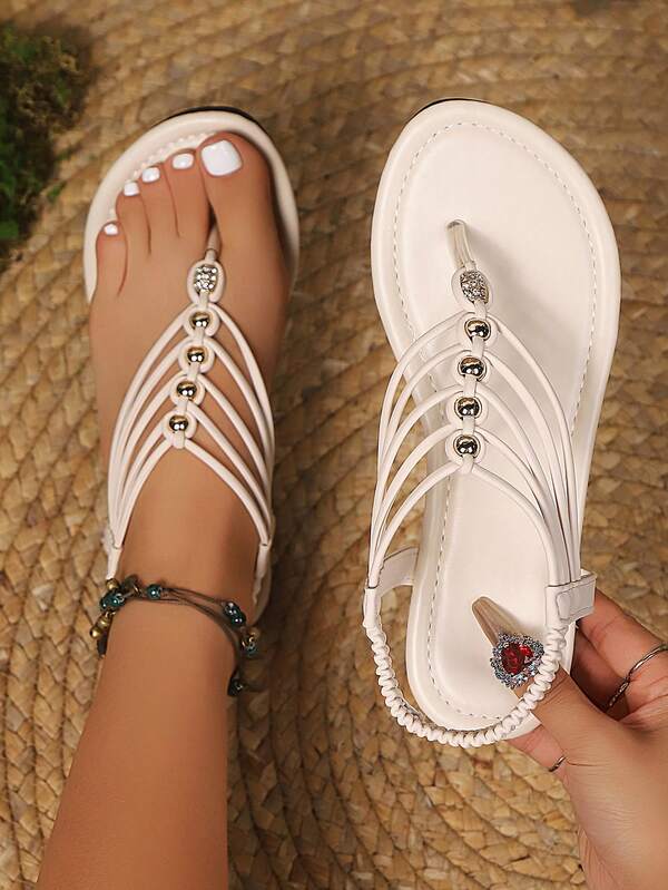 Bohemien Sommer Neue Damen Gewebte Flache Zehentrenner Sandalen, Gekreuzter Perlenriemen Schnalle Offene Zehen Knöchelriemen, Lässiger Urlaubs Komfort Outdoor