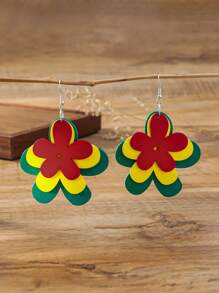 1 Pair Bohemian Wooden Multi-Layer Colorful Floral Earrings, Fashion Accessory For Vacation And Casual Wear