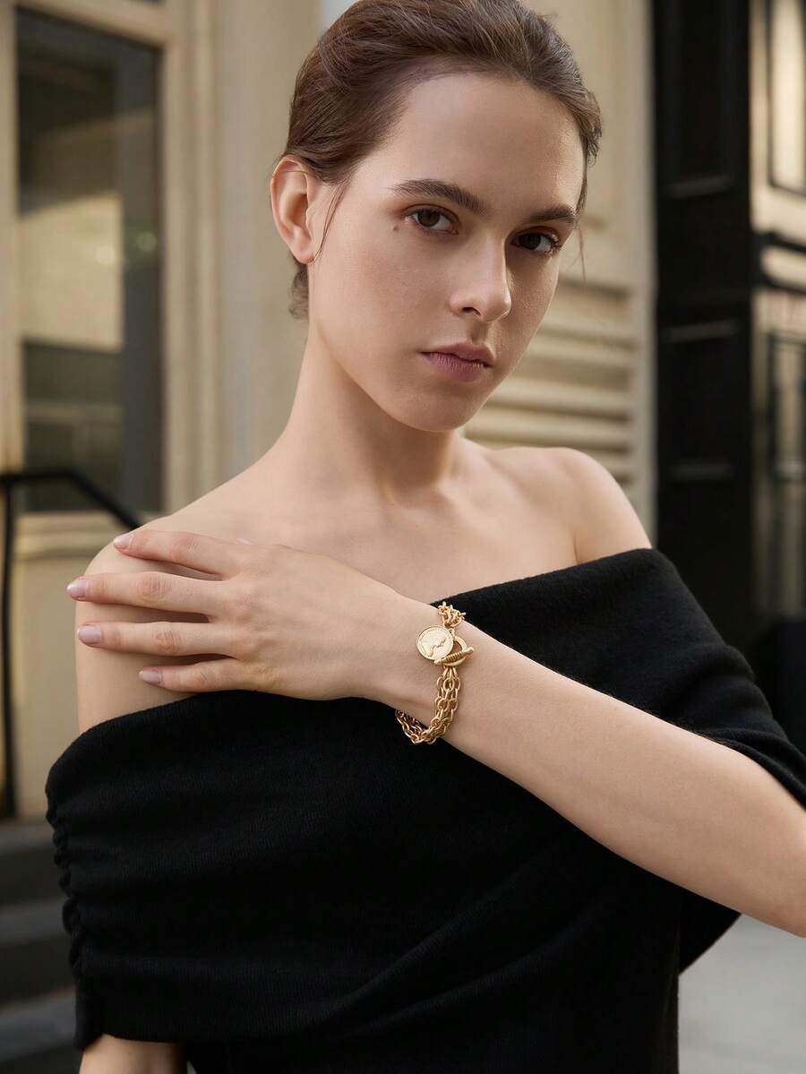 1 pieza Pulsera con cadena y dije de moneda, adecuada para uso diario y de fiesta de las mujeres, regalo de Navidad e invierno - Amarillo Oro - Ver 1