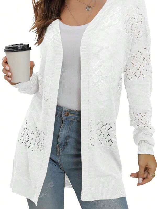 Women's Lightweight Lace Hollow Knit Cardigan, Soft Long Sleeve, Front Open, Beach Cover-Up, Ladies Solid Color Sunscreen, Summer