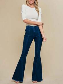 Women Back Stars High Waisted Flared Jeans Summer Y2k Star Pattern Raw Hem Slim Fit Bell Bottomed Denim Pants Vintage Jean Streetwear 4th Of July Outfits Independence Day Clothes - 深色水洗藍 - 查看 4