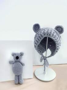 Set di cappellini da bebè a forma di orsacchiotto, accessori per fotografia neonati, giocattoli, cappelli in maglia per neonati, bambola da posa per servizi fotografici di bambini e bambine