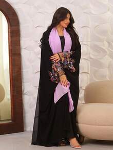 Hafizah Áo khoác cardigan dài mới cho phụ nữ Hồi giáo, áo choàng hở phía trước, thiết kế thêu hoa, áo choàng đen thanh lịch, phù hợp cho mùa xuân và mùa hè - màu đen - Xem 6