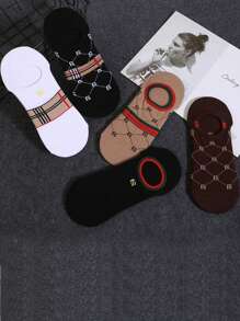 5 Pairs Women's Letter & Stripe Pattern French Luxury Vintage Style Versatile Invisible Liner Socks