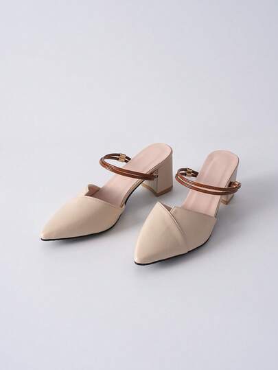 女士高跟穆勒鞋尖头春夏新款时尚粗跟两穿米色凉鞋圣诞节冬季圣诞礼物