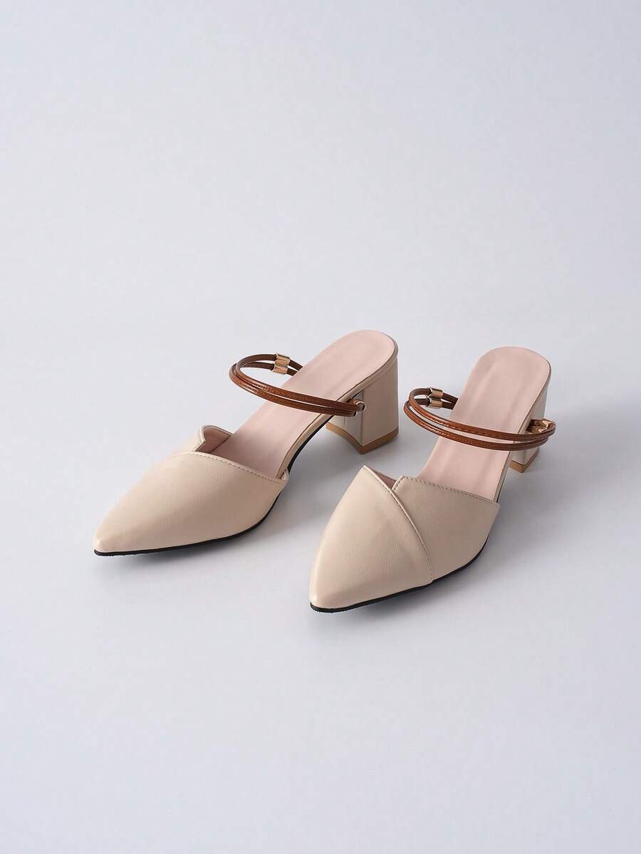 女士高跟穆勒鞋尖头春夏新款时尚粗跟两穿米色凉鞋圣诞节冬季圣诞礼物 - 米色 - 查看 1