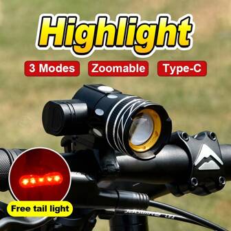 New T6 LED Bicycle Lights USB Charging Bicycle Flashlight Convenient Telescopic Zoom Adjustment Headlights Ultra-Long Lighting Telescope Bicycle Scooter Mountain Bike Accessories Lightweight Accessories Highway Lighting