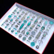 8/10/20 peças/lote de anéis turquesa estilo boêmio retrô para mulheres, conjunto de joias de dedo com pedra artificial azul de estilo misto, estilo presente de festa, envio aleatório