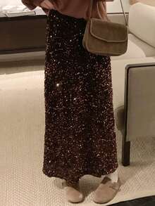 Women Long Skirt, Elegant Elastic Waist Shiny Sequins Casual Skirt Streetwear For Daily - 咖啡色 - 查看 2