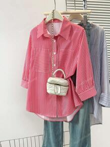 Women's Striped Lapel 3/4 Sleeve Shirt With Button Front & Mock Pocket - Casual Festival Date Night Top For Spring Fall