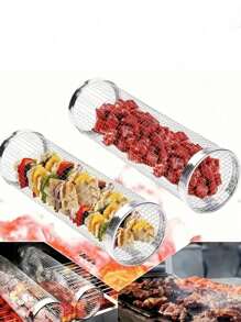 2 Pieces BBQ Grill Set, Stainless Steel BBQ Grill Set, Portable Outdoor BBQ Basket, Portable Round Stainless Steel Campfire Grill, Multi-Purpose Camping Grill Accessory, Outdoor BBQ Basket