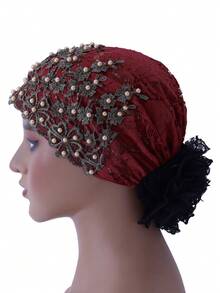 1 pieza Gorro casual con bordado de flor de ciruelo y decoración de cuentas, gorro para dormir - Sombrero con cuentas de flor de ciruelo - Ver 7