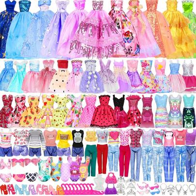 130 Pcs Clothes And Accessories Kit, Including 4 Princess Gowns 8 Fashion Dresses 3 Tops 3 Pants 2 Bikini Swimsuits 20 Shoes 20 Accessories And Hangers 11-12 Dolls