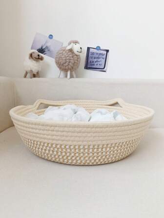 1pc Cute Cartoon Cat Woven Desk Organizer Basket, Holds Cosmetics, Keys, Snacks, Suitable For Living Room, Entrance, Kids Room - Large Foldable Storage Basket