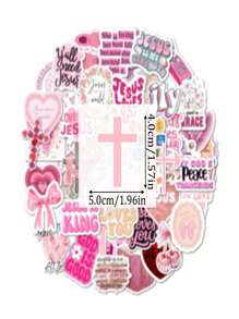 50pcs Pink Bible Verse Cartoon Stickers, DIY Journal, Decoration For Phone, Tablet