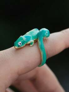 1 件独特可爱蓝色变色龙戒指，适合女士女孩珐琅首饰时尚动物戒指派对首饰创意首饰生日圣诞礼物 - 藍色 - 查看 2