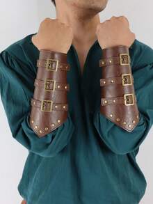 2pcs Medieval Renaissance Style Faux Leather Bracers, Vintage Viking Style Arm Guards With Adjustable Buckles, LARP Costume Props - A - View 5
