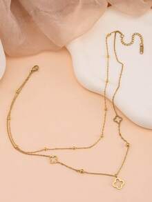 1pc Titanium Steel Hollow Shell& Four-Leaf Flower Charm Necklace, Fashion Snake Bone Chain Women's Gift - Golden 1 - View 2