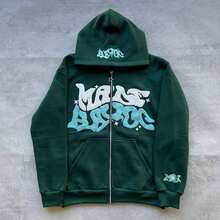 Retro Star And Letter Printed Zipper Hoodies 2025 Spring Autumn Harajuku Y2K Women And Men Fashion Hip Hop Long Sleeve Hooded  Letter  Star  Heart    Casual    Zipper    Night Out - 綠色 - 查看 2