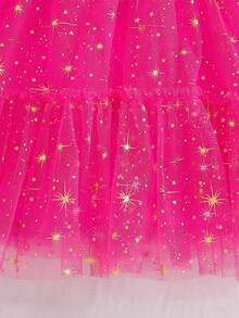 Toddler Girls' Tulle Dress - Star Print Sleeveless Pageant Gown With Belt  Wedding  Party Sparkle Trim - Hot Pink - View 6