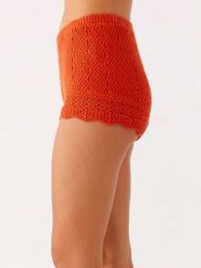 Women Knit Shorts Y2k Crochet Knitted Mini Shorts Cute Elastic Waist Solid Color Hollow Out Bottom Summer Beachwear Lounge Shorts - 橘色 - 查看 6