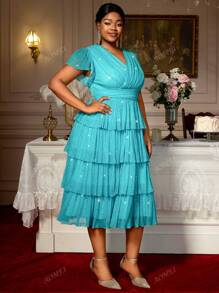 Women Cake Dresses Pleated V Neck High Waist Shiny With Lining Party Event Plus Size Ladies Gowns