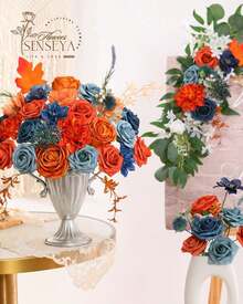 Artificial Flowers Combo, Champagne Silk Roses, Peonies, Dahlias With Stems For DIY Wedding Bouquets, Baby Shower, Table Centerpieces, Home Decor, Fake Floral Arrangements, Party Decorations - 藍綠色和皇家藍色和橙色 - 查看 4