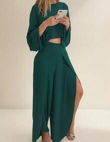 Conjunto Falda y blusa Cómodo De Mujer   Liso    Casual Elegante    Abertura alta Abertura    Ideal Para Oficina Playa Casa Jardín Para Cualquier Temporada Estilo Romántico De San Valentín - Verde Hunter - Ver 3