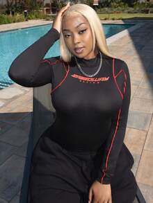 PeachySprinkles Women's Contrast Color Roll Neck Bodysuit Long Sleeve Slim Fit Black Casual Fashion Graphic Print Sexy Tight Sports Style Party Club Wear - Red - View 5