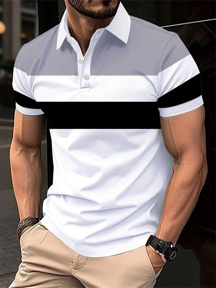 Men's Short-Sleeved Button-Down Shirt With Colorful Print, Ideal For Everyday Summer Wear - 白灰色 - 查看 1