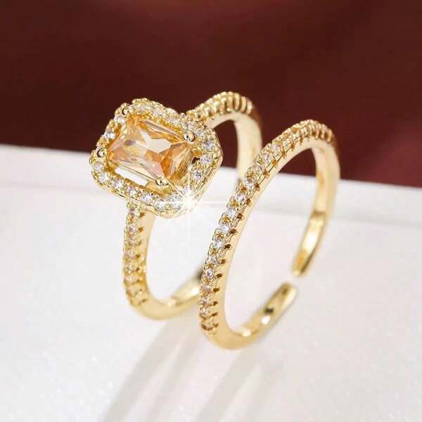 2pcs Micro-Paved White Zirconia Gold-Color Rings, Fashionable Luxury Rings, Daily Wear Or Gift For Girlfriend