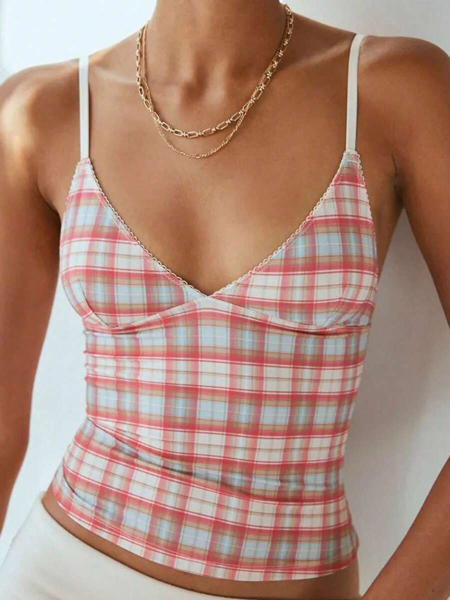 Women Y2k Lace Trim Cami Top Spaghetti Strap Sleeveless V Neck Camisole Crop Top Summer Slim Fit Backless Tank Tops Going Out Outfits Streetwear - 玫紅色 - 查看 1